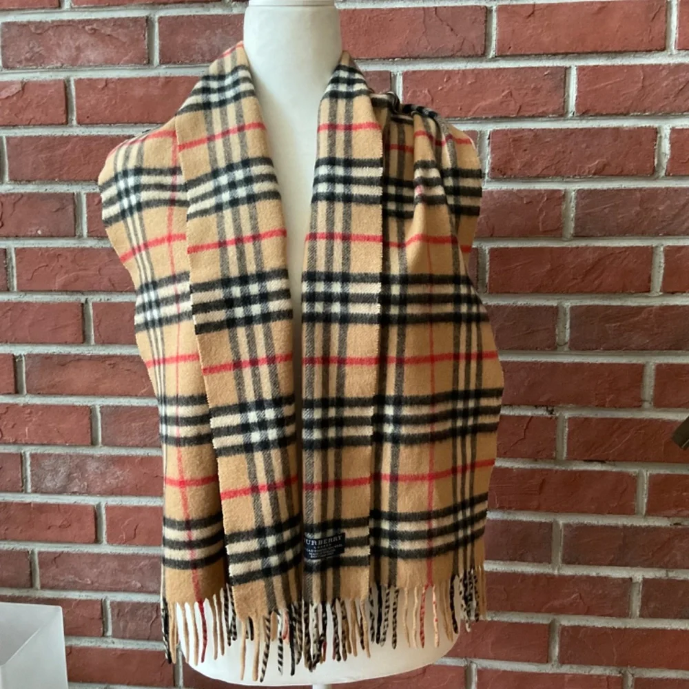 •Burberry London Classic Nova Check Plaid Wool Cashmere Fringed Scarf 56”x12”